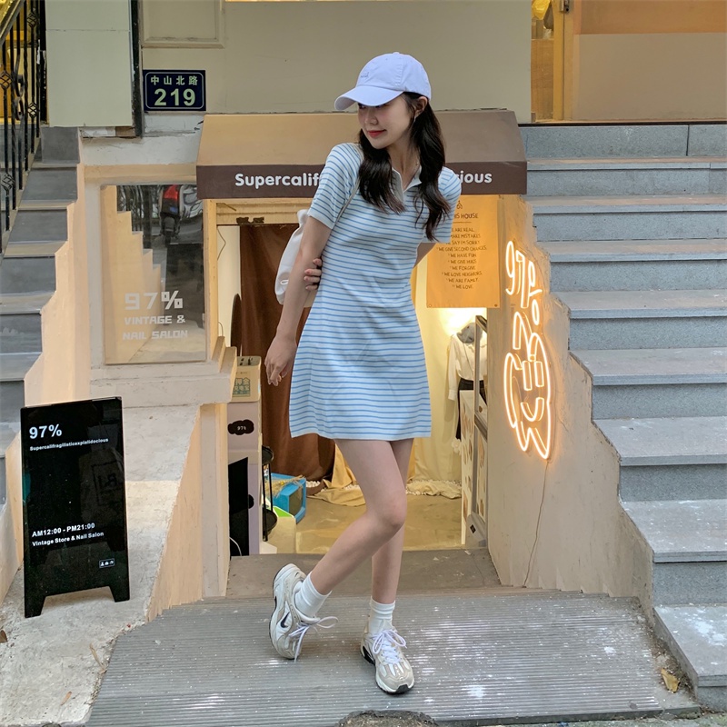 SUXI Đầm Dệt Kim Tay Ngắn Cổ Polo Dáng Ôm Họa Tiết Kẻ Sọc Phong Cách Pháp Thời Trang Cho Nữ