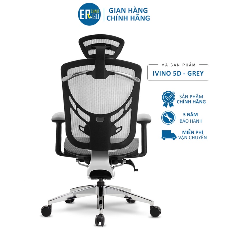 Ghế Ergonomic Công Thái Học Ivino Xám 5D - Chế độ ngả 135 độ - Đệm đỡ thắt lưng 5 bậc