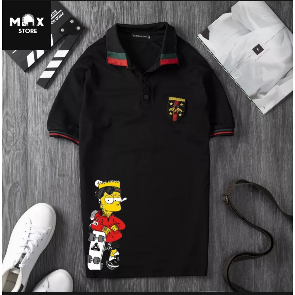 Áo thun nam polo cổ bẻ hoạ tiết hoạt hình viền đỏ bận đi chơi, đi dạo thoáng mát