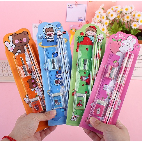 Bộ 2 Bút Chì đen Tẩy Gọt Bút Chì Thước kẻ viết gôm