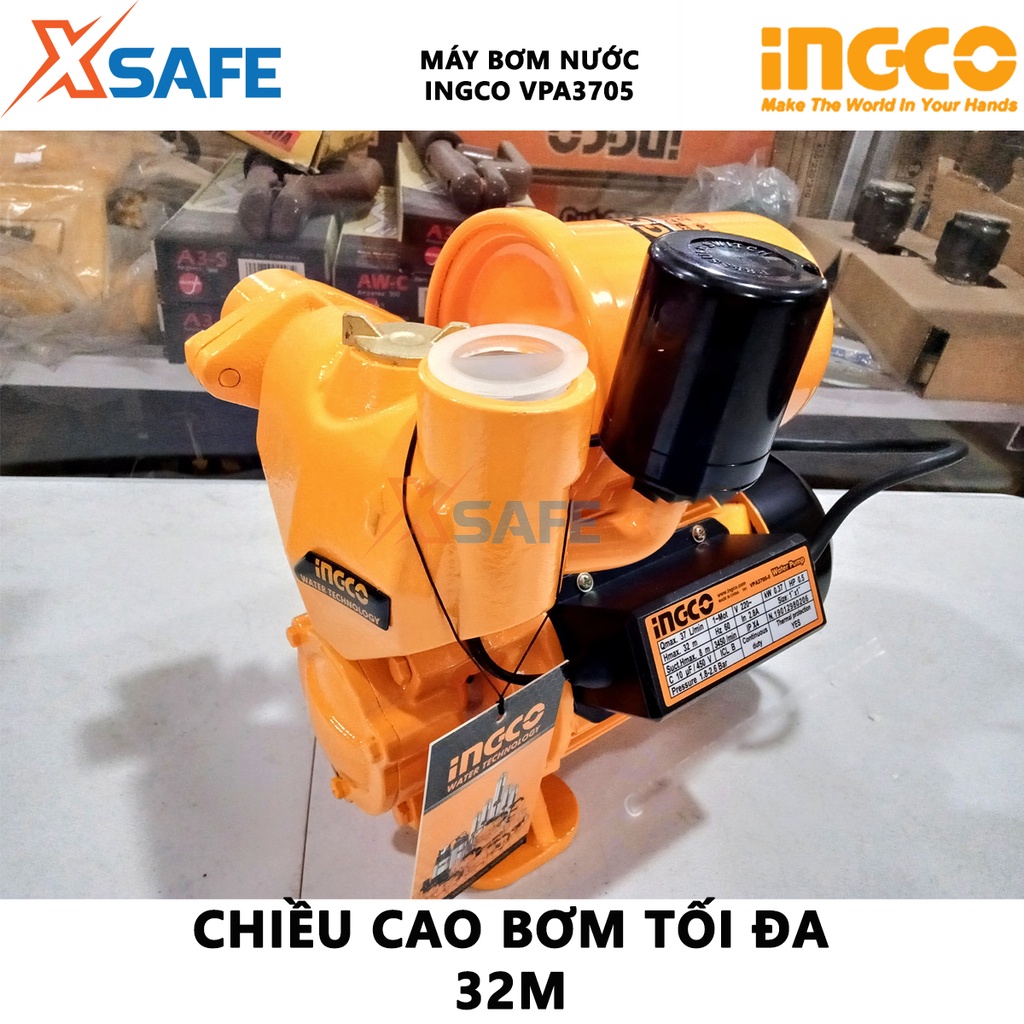 Máy bơm nước INGCO VPA3705 mô tơ dây đồng, điện thế 220-240V~50Hz, công suất 370W(0.5HP), chiều cao bơm 32m