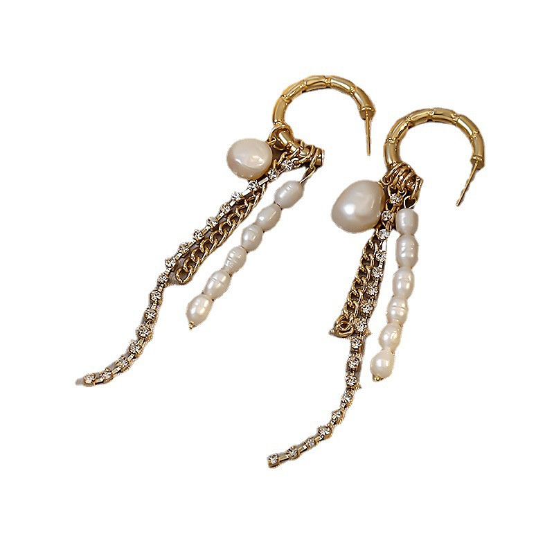 Bông Tai Dạng Chuỗi Dài Hình Chữ C Bằng Bạc 925 Đính Ngọc Trai Và Kim Cương Thời Trang Cho Nữ