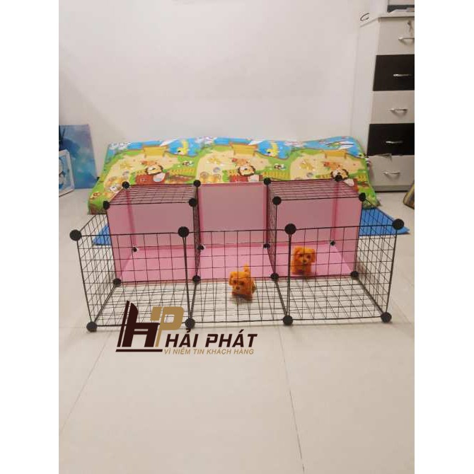 Chuồng chó mèo lắp ghép tiện lợi chắc chắn (12 tấm lưới đen + 8 tấm nhựa màu hồng )