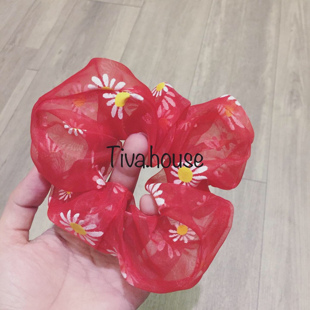 Scrunchies dây buộc tóc vải voan kính  màu đỏ trong suốt chun co giãn hình hoa cúc