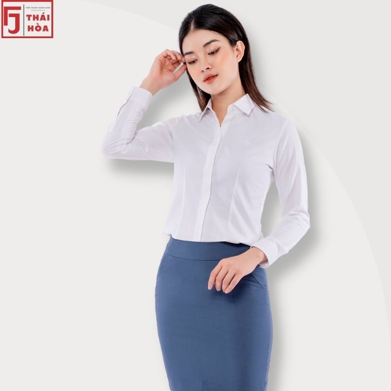 Áo sơ mi nữ Thái Hoà cao cấp sợi tre vân chìm đẹp công sở trắng 772-01-02