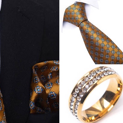 Bộ Cà vạt 4 món gồm Cavat 8cm, khăn cài túi, Măng-set, Nhẫn tròn phụ kiện sang trọng, Cravat chú rể, Calavat công sở