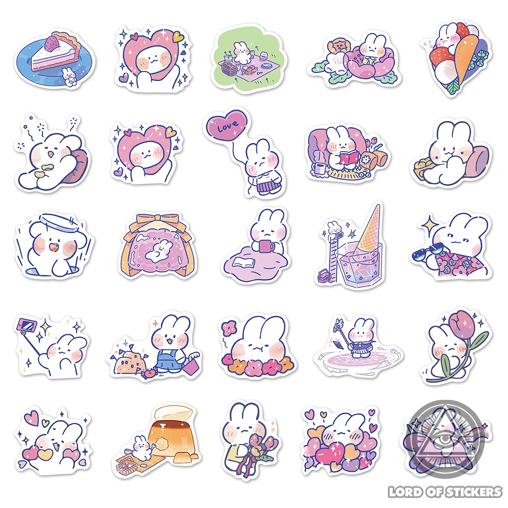 Set 50 Nhãn Dán Sticker Mini Hoạt Hình Thỏ Trắng Đáng Yêu Cute Chống Thấm Nước Trang Trí Bình Nước, Điện Thoại, Máy Tính