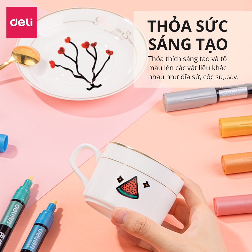 Bút vẽ Graffiti, bút sơn màu acrylic pastel Deli - dùng để trang trí trên vải, giày, gỗ, thủy tinh - Set 6 màu