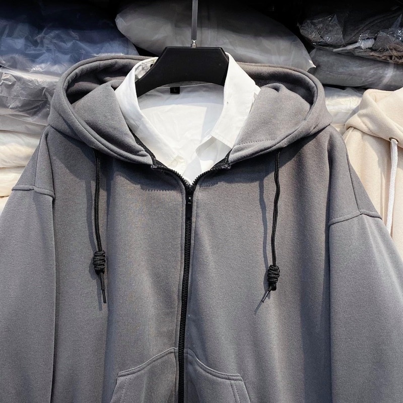 [sẵn ] Áo Khoác Zip Kéo Dáng Rộng Xám Chuột Trơn [ nam nữ mặc ]