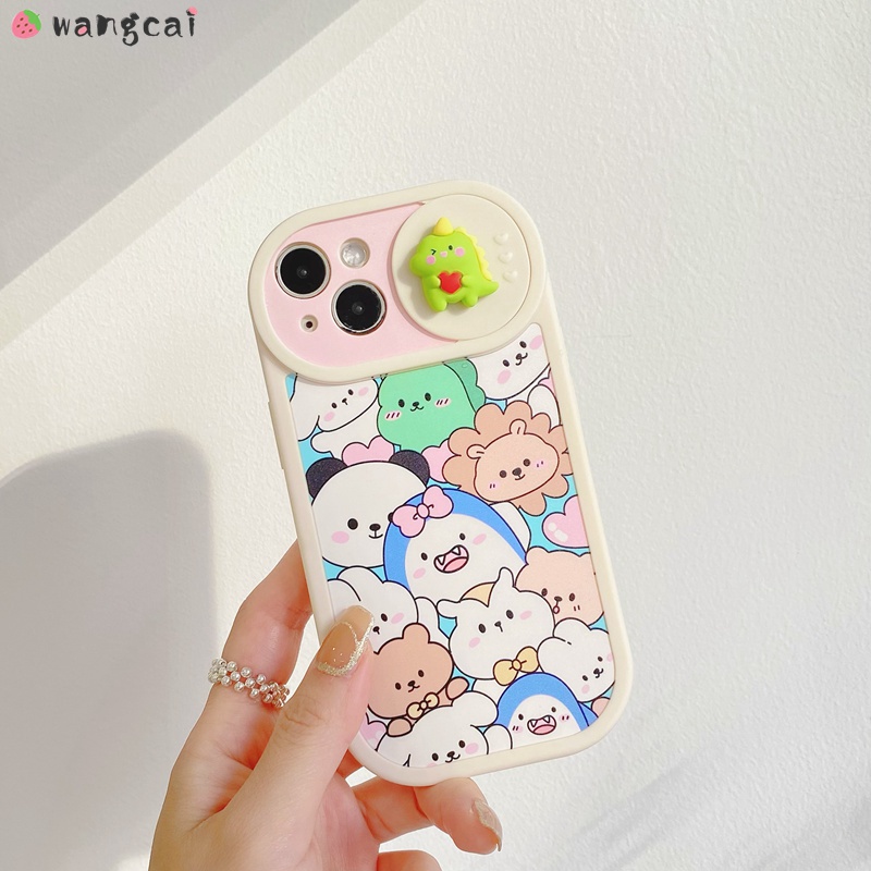 Ốp Điện Thoại Dẻo Họa Tiết Gấu / Thỏ / Khủng Long Có Nắp Trượt Bảo Vệ Camera Cho iPhone 13 12 11 Pro Max XS Max XR X
