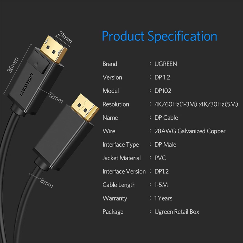 Cáp Tín Hiệu DisplayPort 1.2 Hỗ Trợ 4K@60Hz Ugreen DP102 Chính Hãng