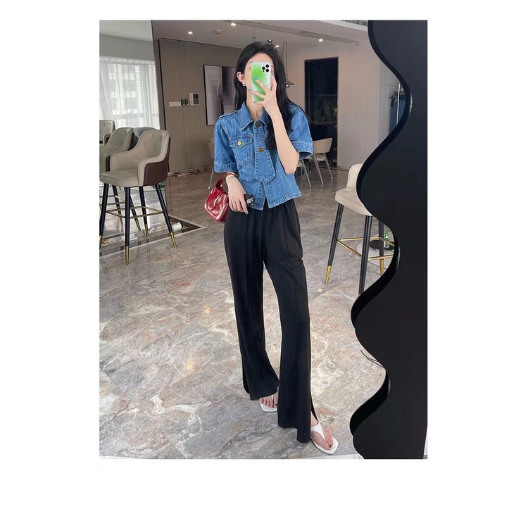 Áo Sơ Mi denim Tay Phồng Cổ Bẻ Dáng Ôm Phong Cách retro Thời Trang Hàn Quốc Đơn Giản