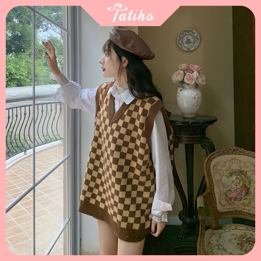 Áo Gile Len Trơn ( Áo Không Tay) Thời Trang Vintage Họa Tiết Caro Hottrend Thời Trang Thu Đông - Tatiho - Mã AK015