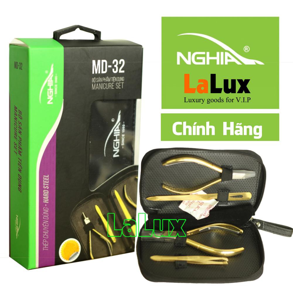 Bộ dụng cụ làm nail CHÍNH HIỆU Kềm Nghĩa MD32 4 món MẠ VÀNG: Kềm cắt da , kềm cắt móng, nhíp nhổ lông, dũa móng tay