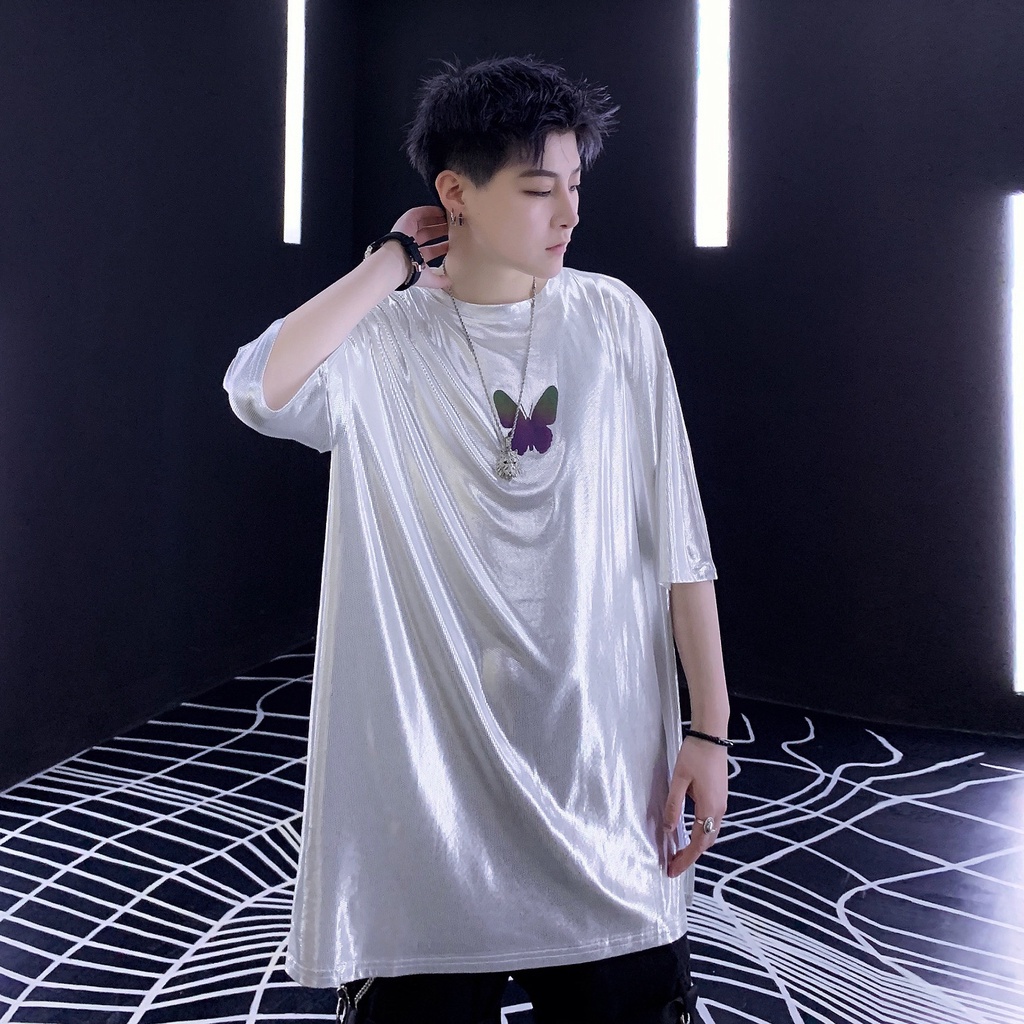 Áo Thun Tay Ngắn Cổ Tròn Đính Kim Sa Phản Quang Phong Cách Hàn Quốc Thời Trang Mùa Hè Cho Nam Giới 5 Màu Lựa Chọn