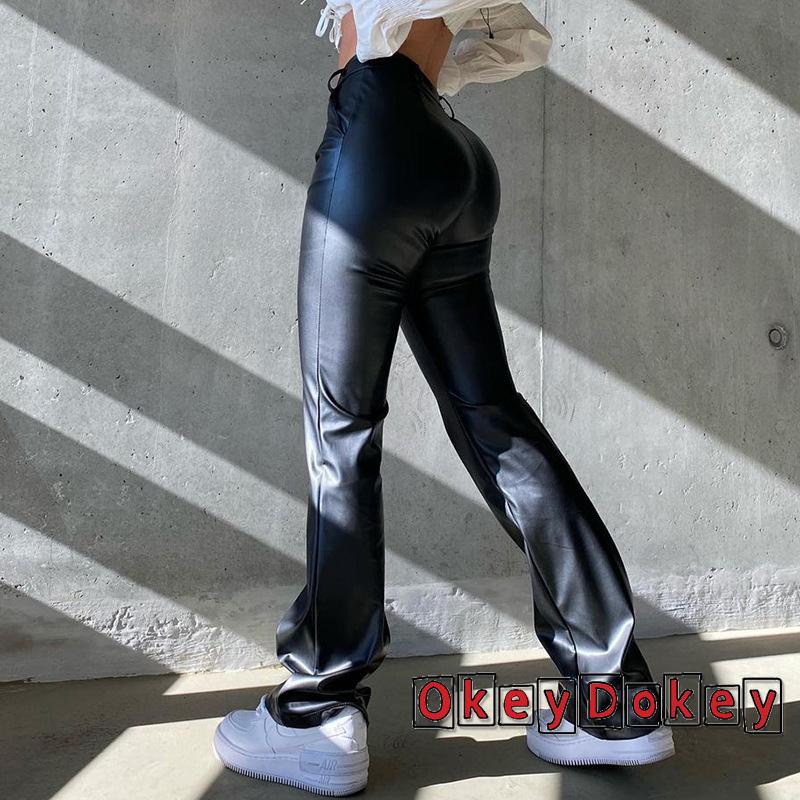 Quần Dài Lưng Cao Ống Loe Bằng Da PU Màu Trơn Thời Trang Quyến Rũ Cho Nữ