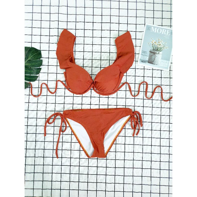 Bikini, bộ bơi cánh tiên quần chip cột nơ màu nâu