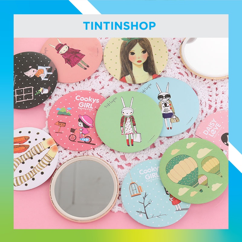 Gương trang điểm mini cầm tay TinTin, bỏ túi cất gọn hình tròn có nhiều họa tiết đáng yêu dành cho các bạn gái