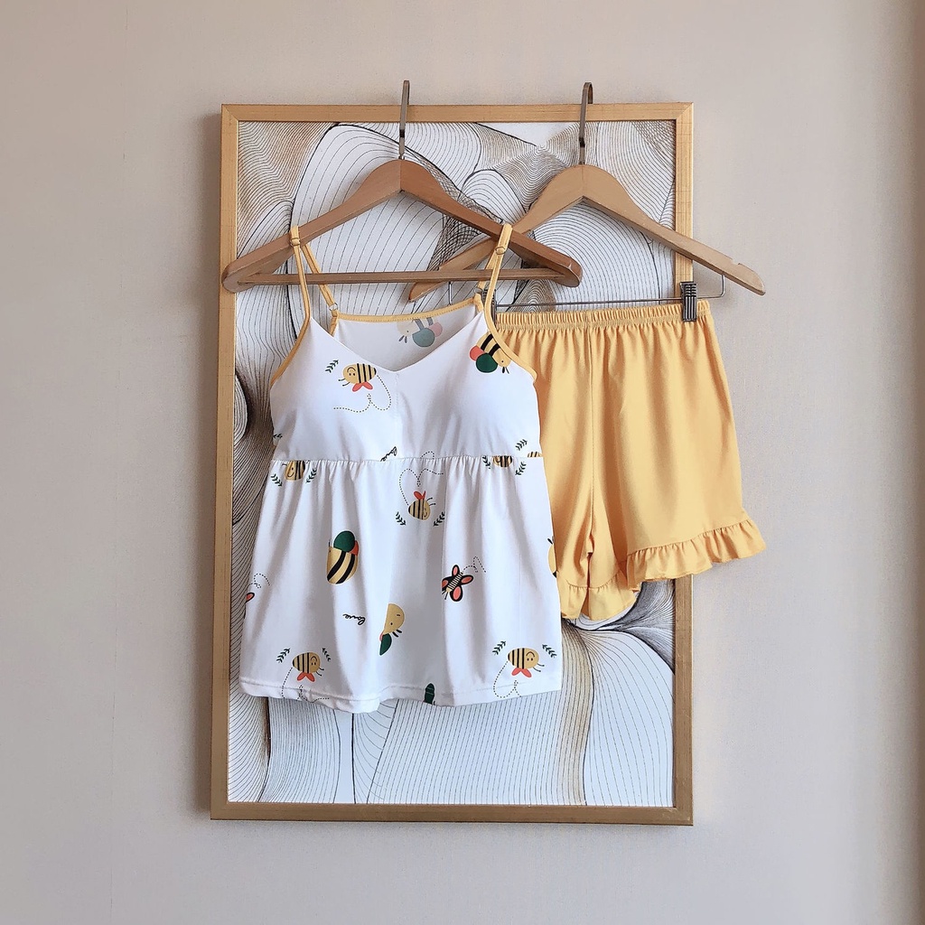 Bộ Đồ Ngủ Áo Hai Dây Có Mút Đệm Ngực Và Quần Short Dễ Thương Phong Cách Hàn Quốc Cho Nữ