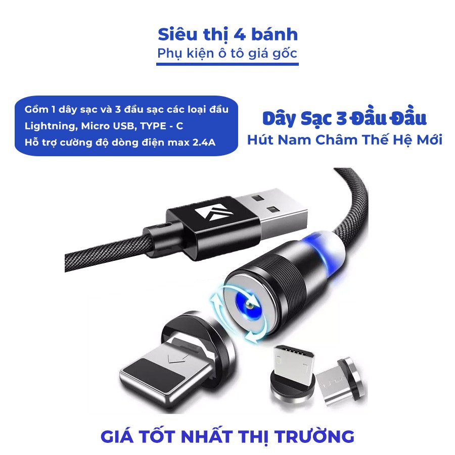 Dây sạc nam châm 3 đầu sử dụng cho mọi loại điện thoại, dây sạc iphone samsung oppo xiaomi dài 1m