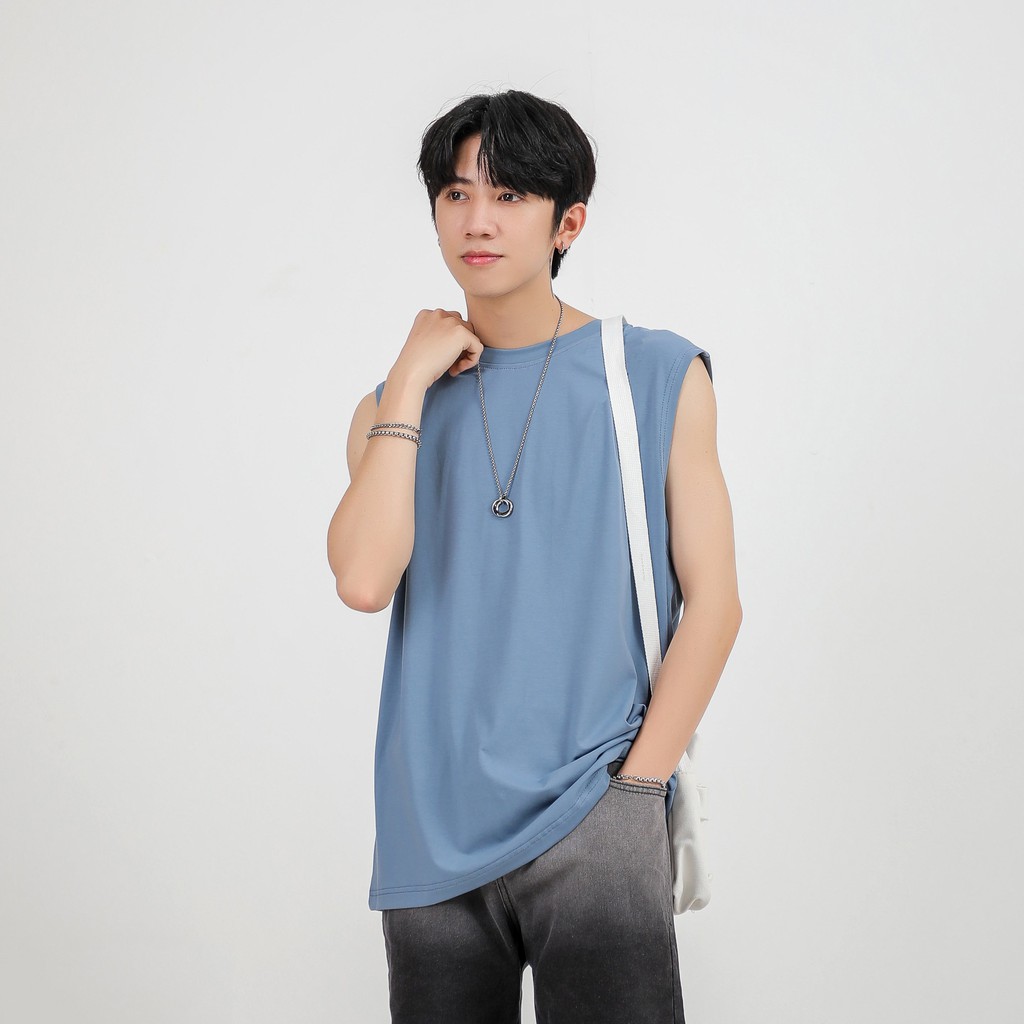 Áo Thun Nam MANDO,Phông Tanktop Cotton Basic Unisex Xuân Hè Nam 2 Màu Xanh Trắng Phong Cách Hàn Quốc -PDN009