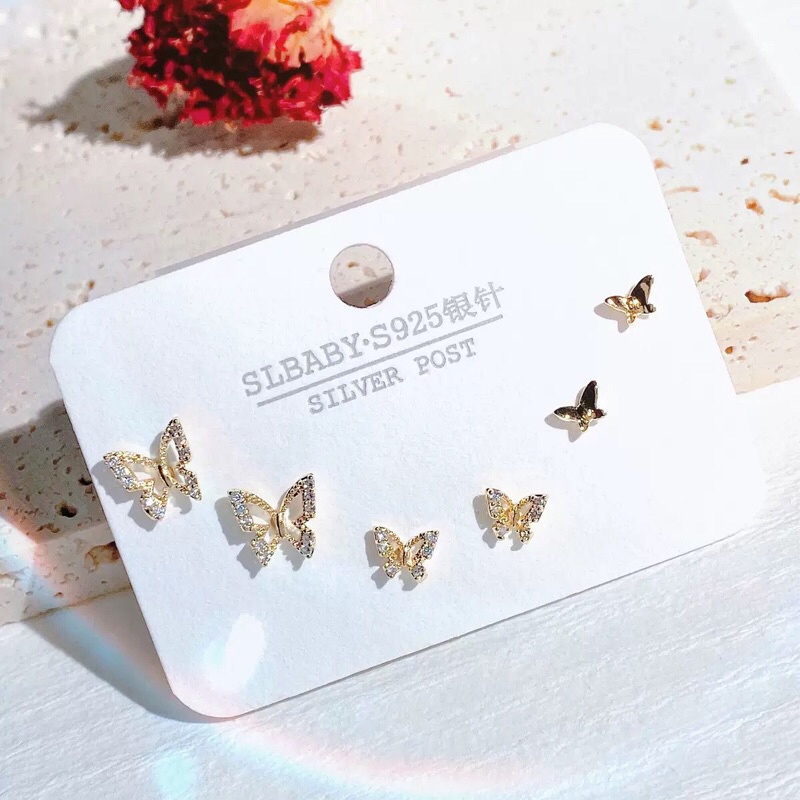 Bông Tai Cao Cấp Khuyên Tai Nụ Combo vỉ 3 Đôi Bạc 925