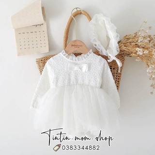 Váy công chúa trắng thêu hoa đầy tháng/ thôi nôi cho bé gái (kèm mũ bèo tiểu thư)