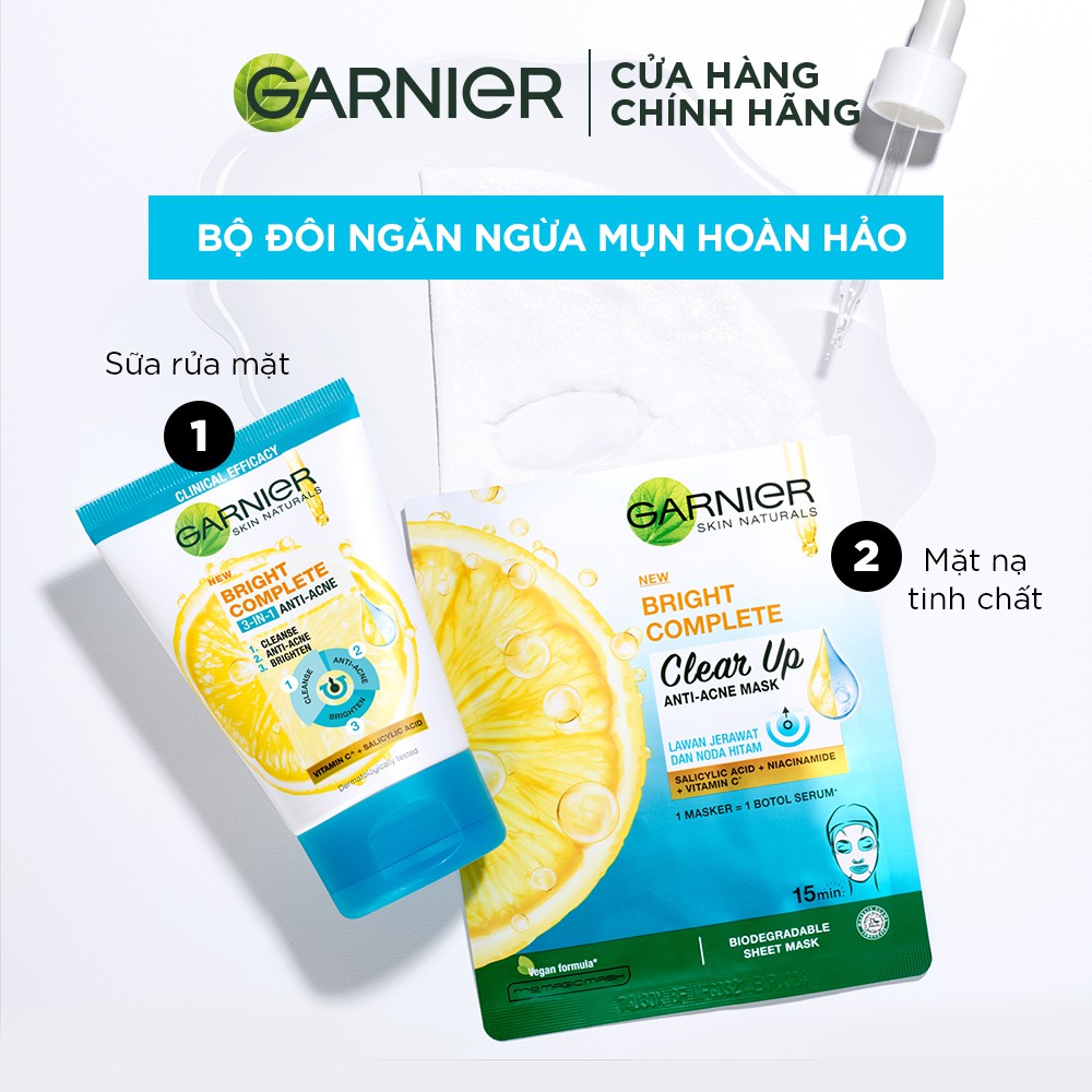 Sữa rửa mặt 3-trong-1 giảm mụn & sáng da Garnier 90ml