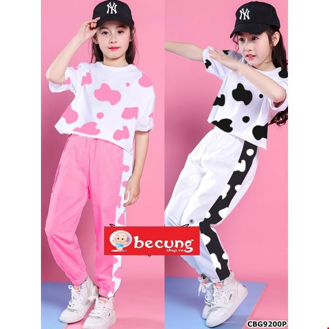 Bộ thun croptop BÒ SỮA và quần jogger cho bé gái