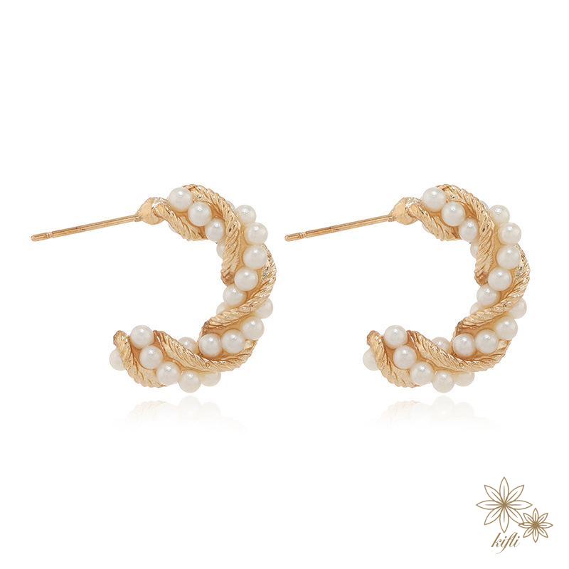 【kifli】Khuyên tai nữ hình chữ C đính ngọc trai thời trang