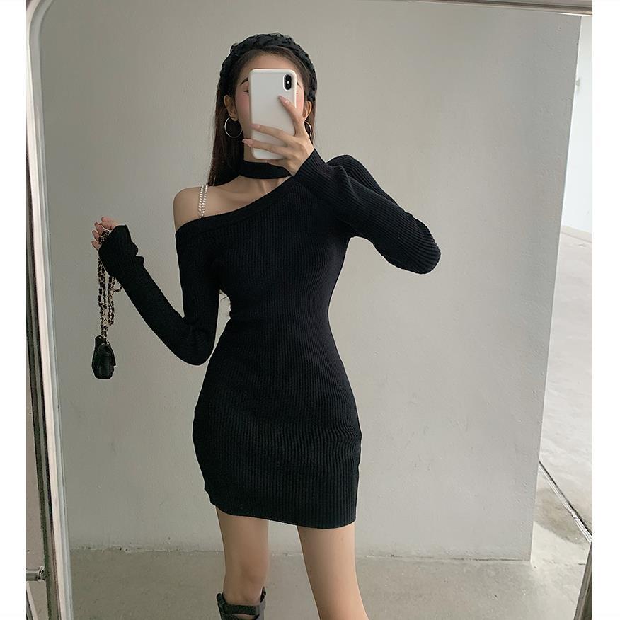 Đầm dệt kim tay dài trễ vai có thể tháo rời phong cách quyến rũ thời trang thu đông cho nữ