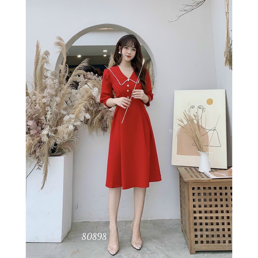 Đầm xòe vintage cổ điển phối viền xinh đẹp