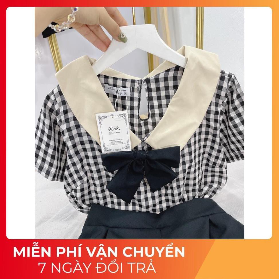 Set Nơ Kẻ Caro Cổ Thuyền Mix Quần Ren | BigBuy360 - bigbuy360.vn