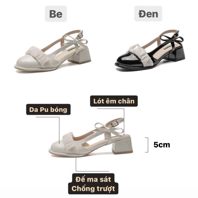 Giày tiểu thư nơ đế thấp KERRY da bóng mũi tròn hoạ tiết vải nhún satin