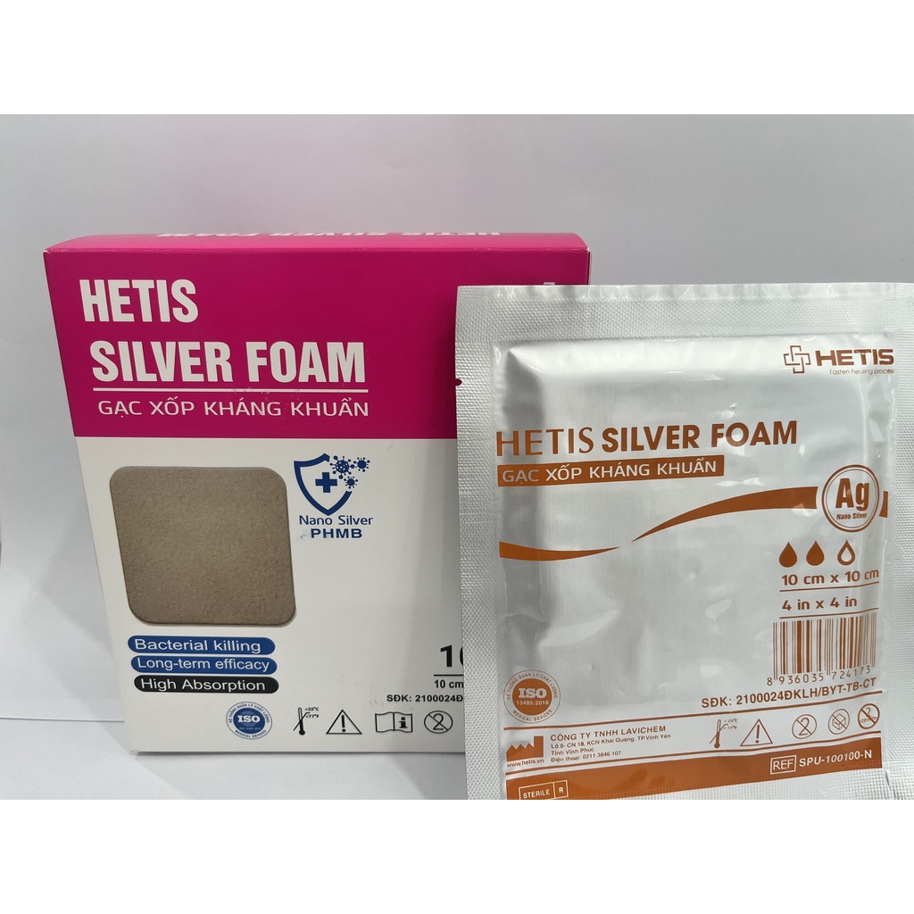 Gạc Xốp Cho Vết Thương, Vết Loét Tỳ Đè HETIS SILVER FOAM Thấm Hút, Giữ Dịch, Kháng Khuẩn Tốt