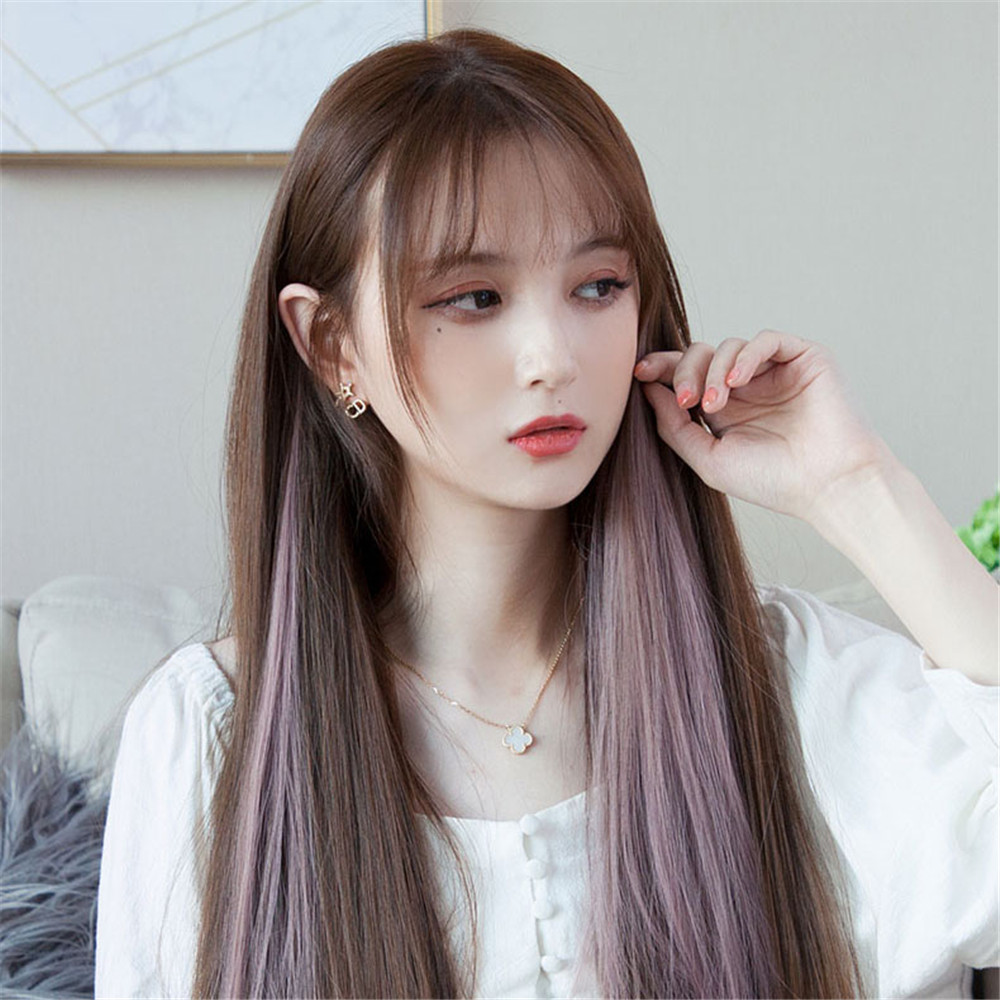 [COD] New Color Hang Ear One Piece Style Highlights Imitate Straight Hair Dye Wig for Women