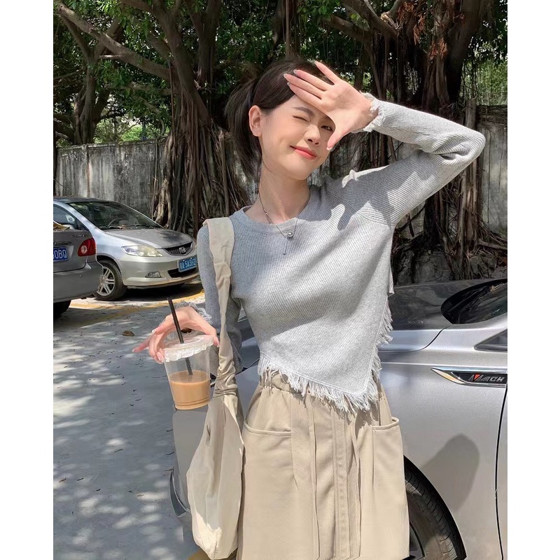 NUZIRO  Áo dệt kim  tay dài cổ tròn màu sắc đơn giản phong cách Hàn Quốc cho nữ