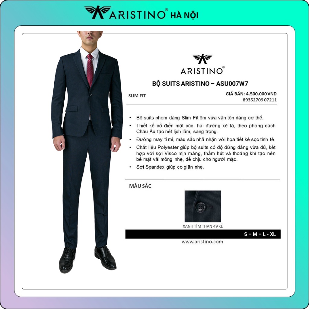 Bộ vest nam Aristino from ôm ASU007W7 tím than kẻ