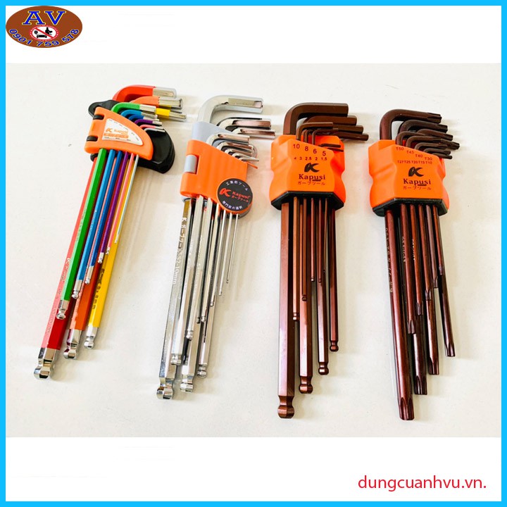 Lục giác nhật Kapusi  9 cây: 1.5, 2, 2.5, 3, 4, 5, 6, 8, 10 mm  thép mạ crom với công nghệ xử lý nhiệt siêu bền
