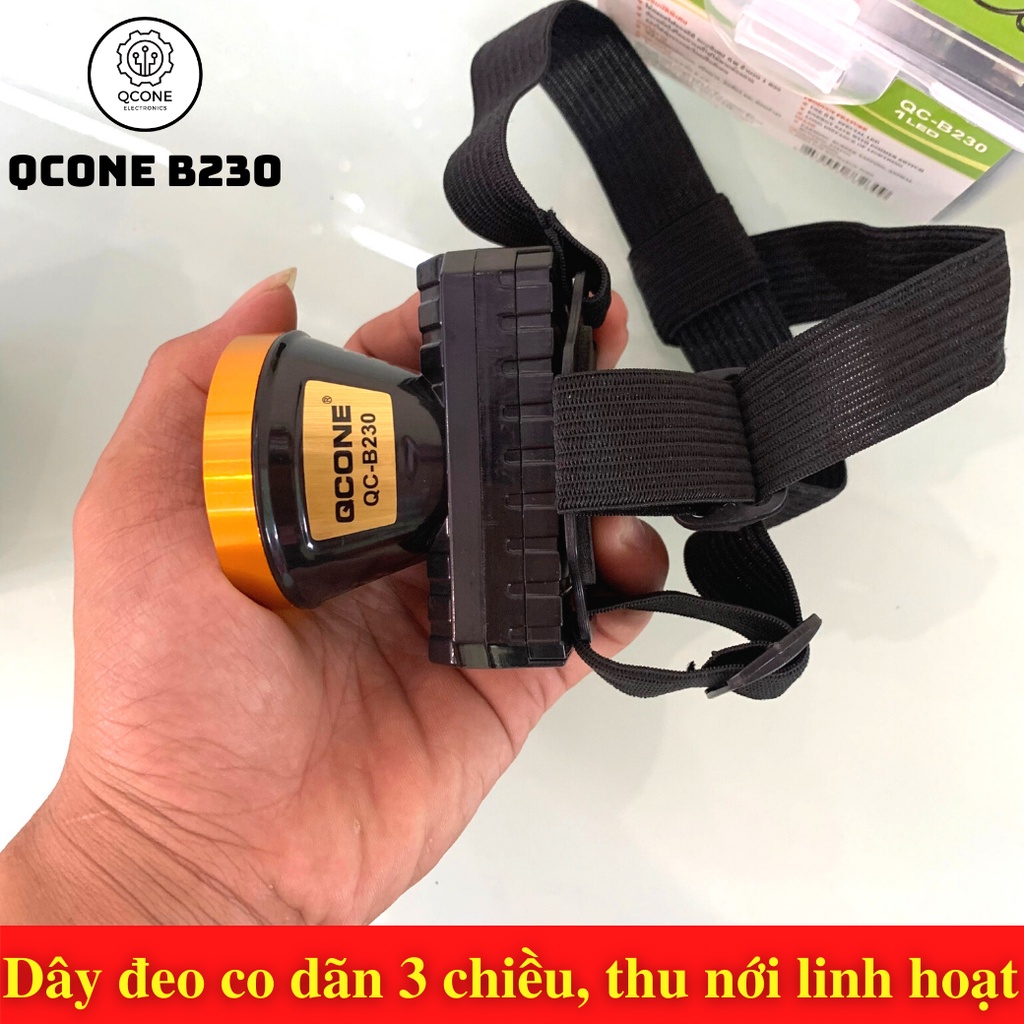 Đèn pin đội đầu QCONE THAILAND B230 Ánh sáng vàng 1 bóng led tập trung, Pin chuẩn Lithium, 2 chế độ sáng mạnh và yếu