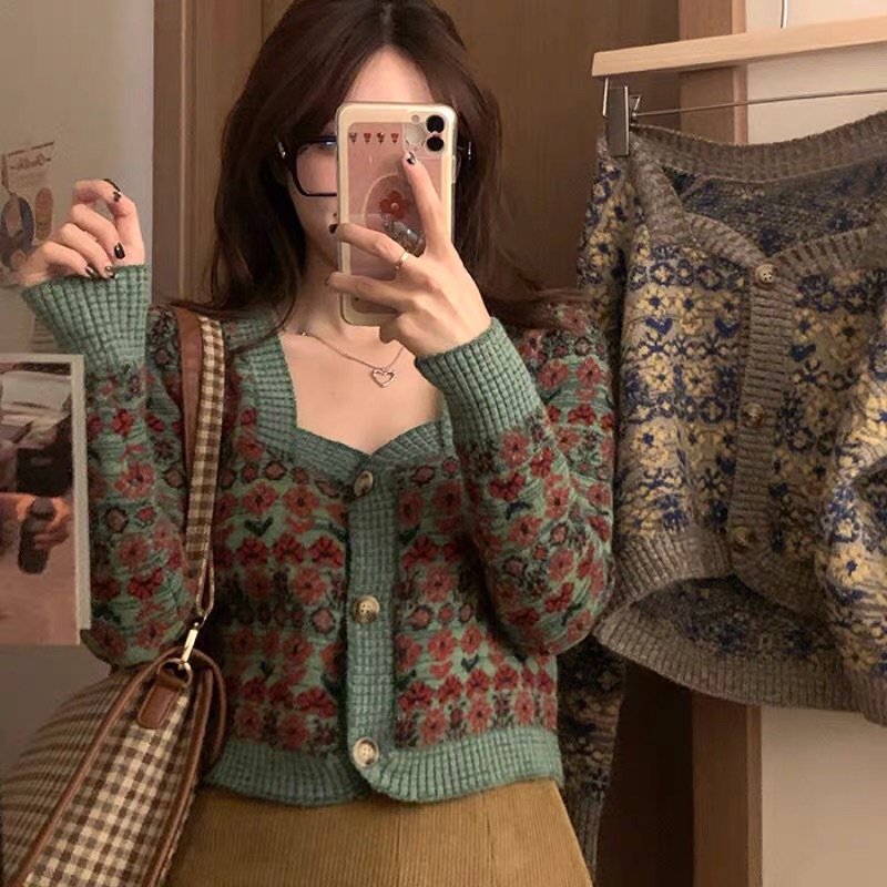 Áo cardigan len thổ cẩm áo len hoạ tiết cổ vuông kiểu dáng vintage cổ điển ( có ảnh thậ