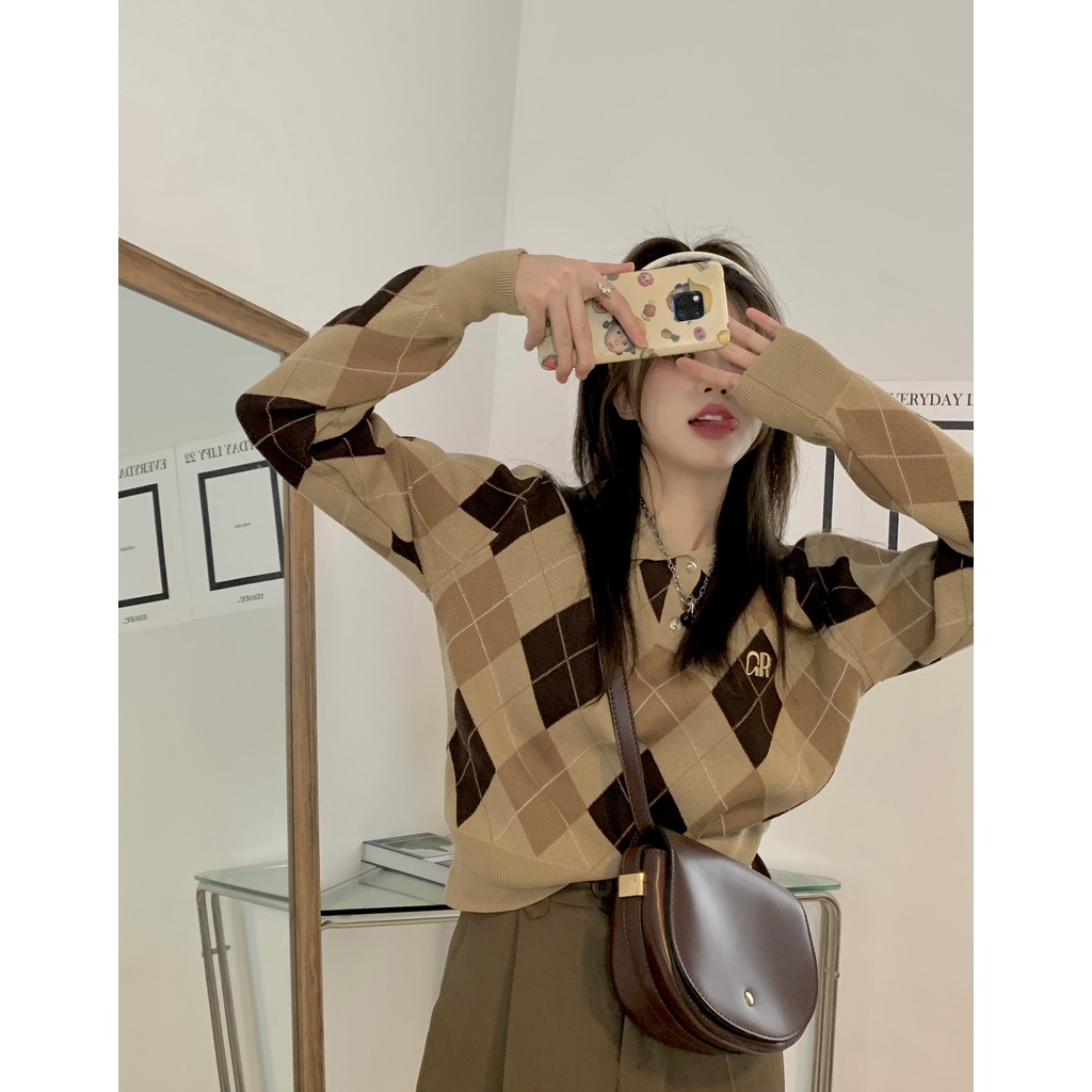 NUZIRO  Áo sweater  dệt kim cổ polo dáng ngắn thời trang mùa thu mới cho nữ