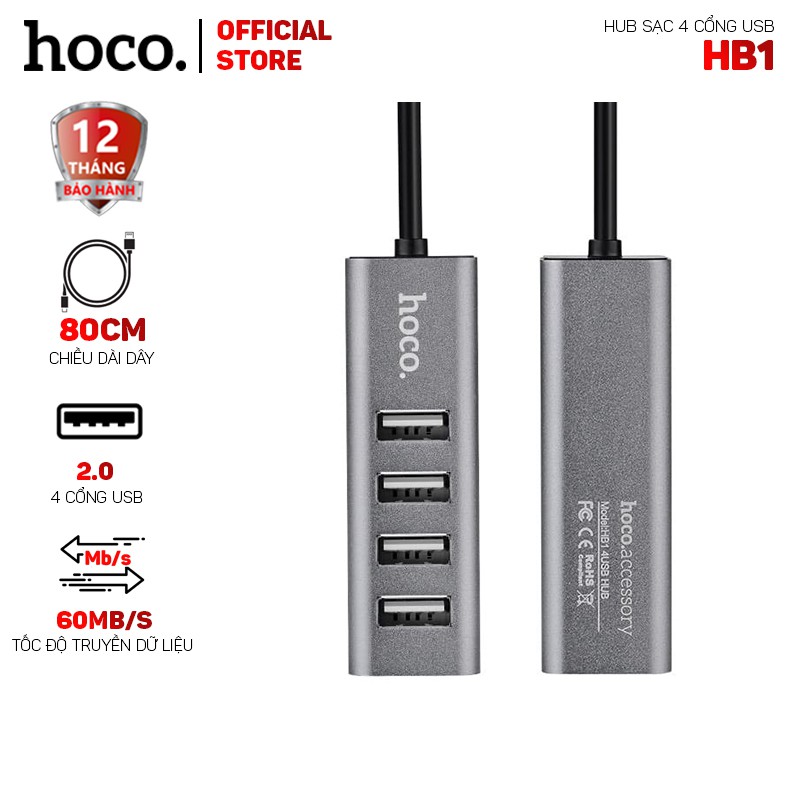 Hub sạc Hoco HB1 chia 4 cổng USB 2.0 dài 80cm
