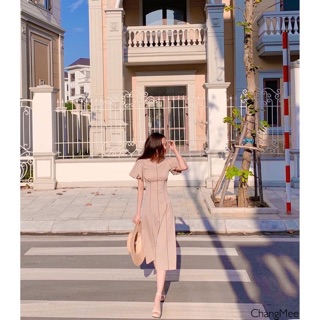 ĐẦM MIDI NUDE TAY PHỒNG (KÈM HÌNH THẬT)
