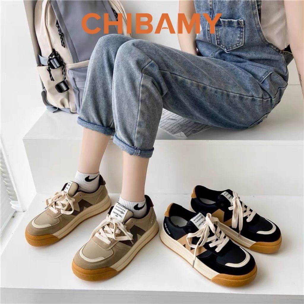 Giày thể thao nữ SML đế bánh mì cao 4 phân, Giày Sneaker nữ chữ N BAMY phối màu nâu kem