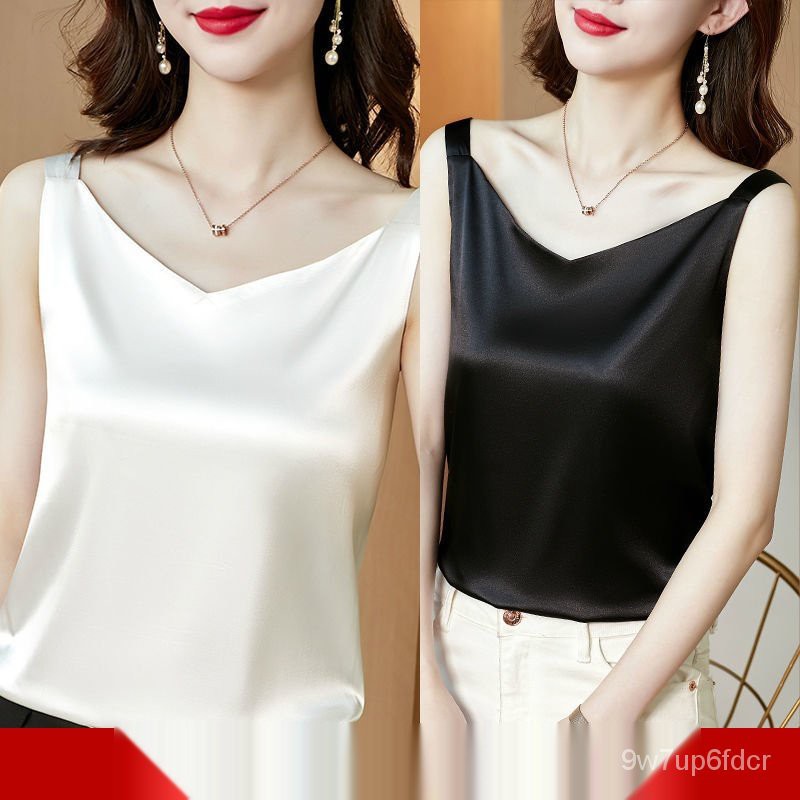 Một Mảnh/Hai Mảnh Mùa Hè Mới Treo Áo Vest Nữ Bên Trong Phù Hợp Với Trắng Áo Sơ Mi Màu Đen Satin Top