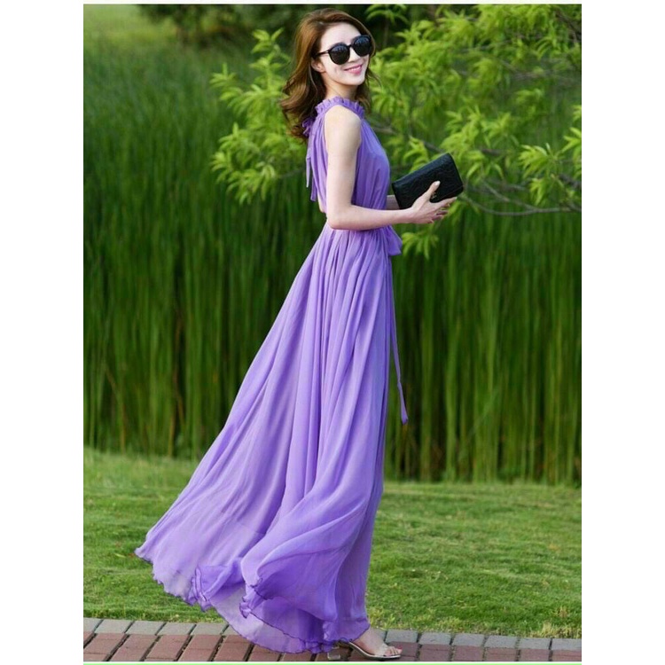 Váy đầm nữ maxi dáng dài cổ yếm cột nơ eo chất voan cao cấp 2 lớp