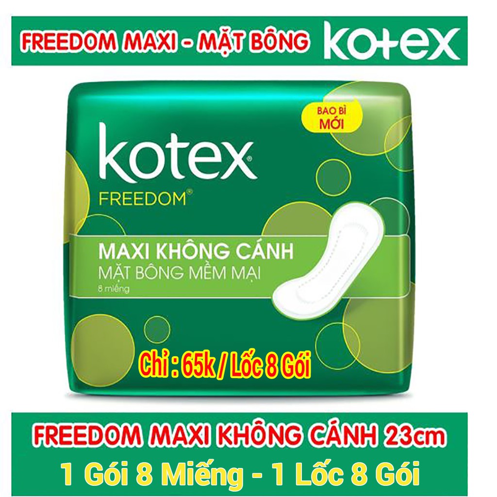 Băng Vệ Sinh Kotex Freedom Maxi Dày Không Cánh Mặt Bông 23cm ( 1 Gói 8 Miếng - 1 Lốc 8 Gói )