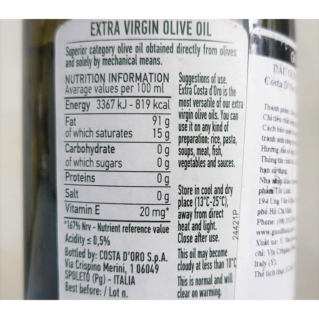 [Chai nhỏ 250ml – EXTRA VIRGIN] DẦU Ô LIU NGUYÊN CHẤT [Italia] COSTA D’ORO Olive Oil