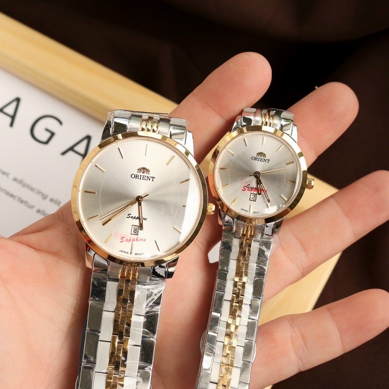 Đồng Hồ Cặp Đôi Nam Nữ Orient Dây inox Kính Sapphire , Size 40mm, 30mm